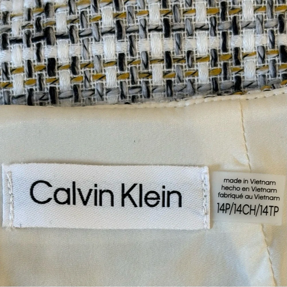 Calvin Klein Skirt Boucle Knit Zipper Fringe Pencil Black Cream Gold 14P NWT